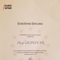 Avrupa Omurga Derneği Tarafından verilen kursların tamamlanması sonrası elde ettiğim diplomam Eurospine Diploma